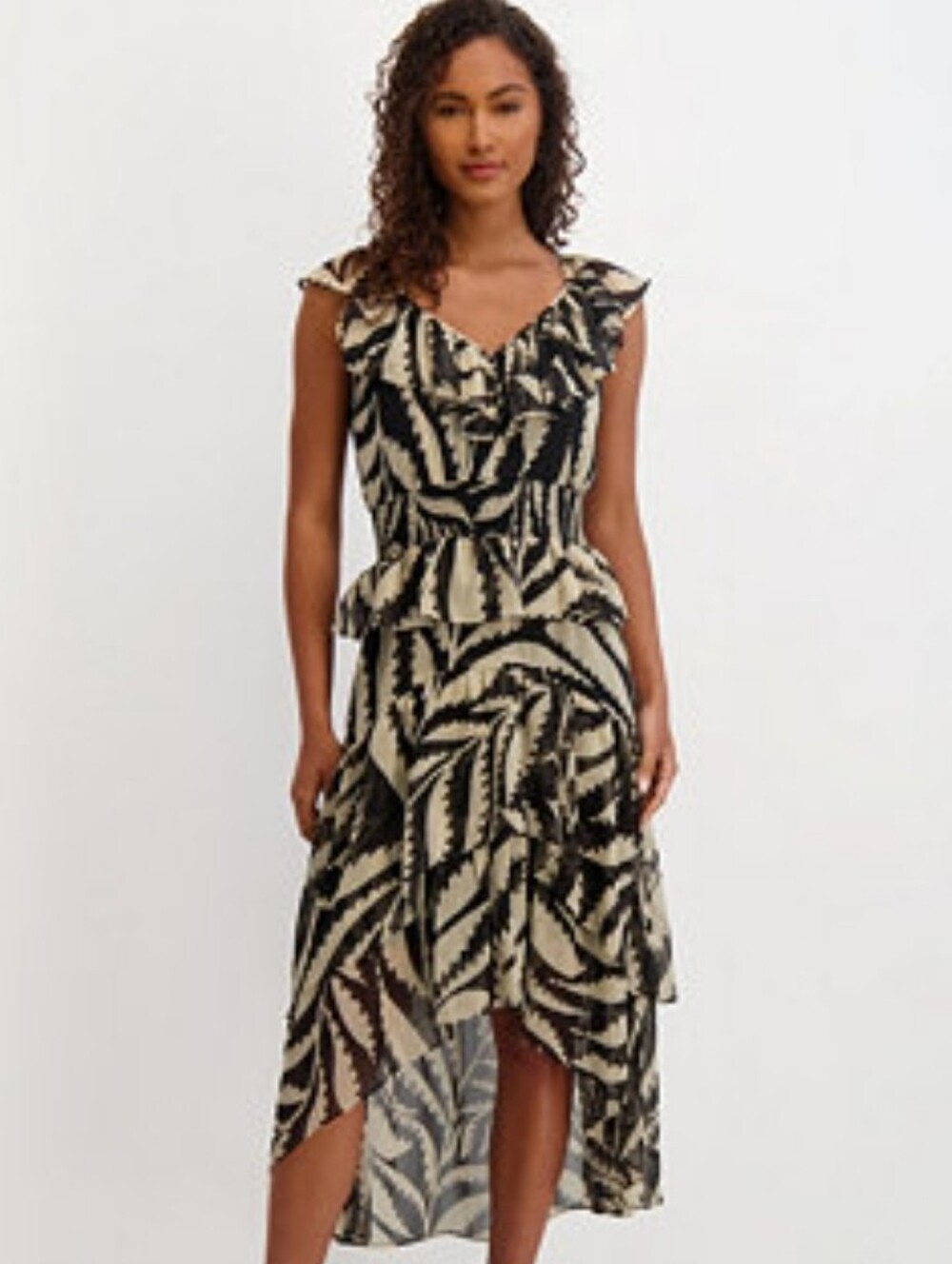 Kensie Black Cream Abstract Ruffle High Low Maxi Dress Size 8 NWT